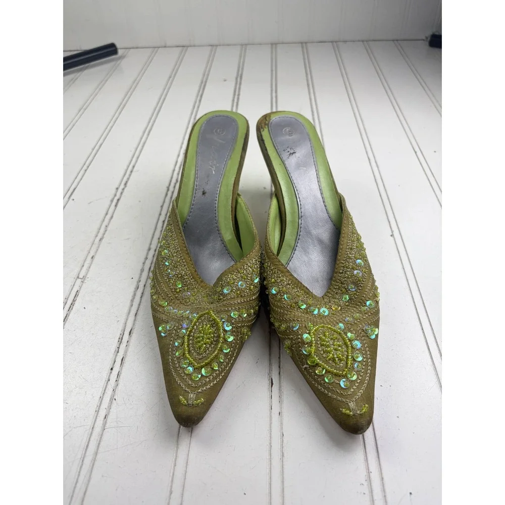 Anne Michelle Vintage Y2K Green Beaded Floral Satin Kitten Heels Women's Size 6